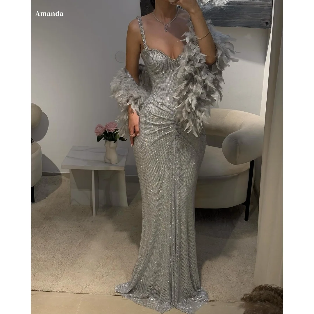 Amanda Customized Gray Sequin Glitter Spaghetti Strap Prom Dress Mermaid vestidos de noche Feathers Shawl Formal Evening 2025