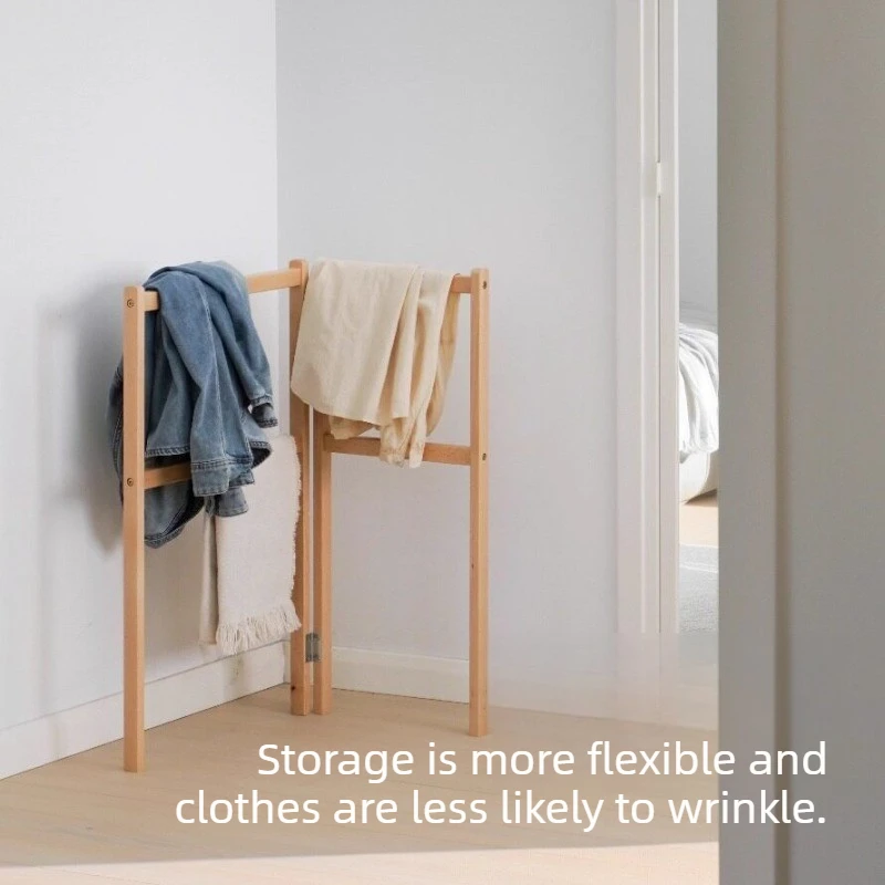 Minimalist Solid Wood Folding Floor Clothes Rack End of Bed Coat Stand Space Saving Storage Organizer