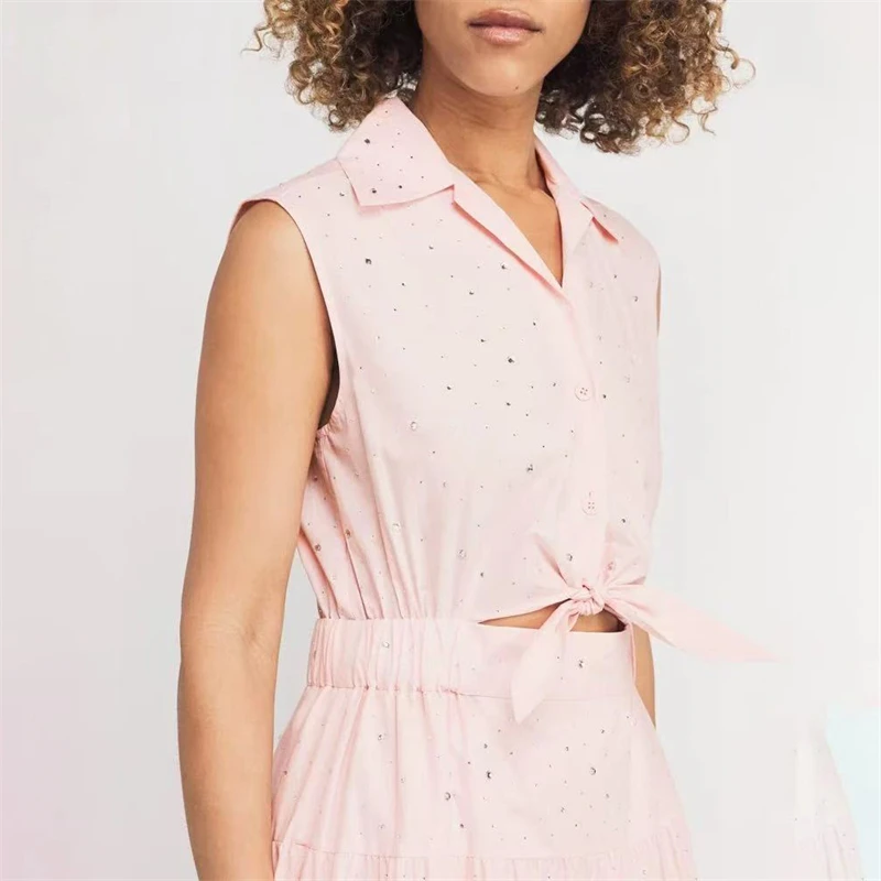 Letnia nowa damska sukienka bez rękawów z klapami i kryształkami na rok 2025, wysokiej jakości i modna długa sukienka z paskiem i wyszczuplającą talią