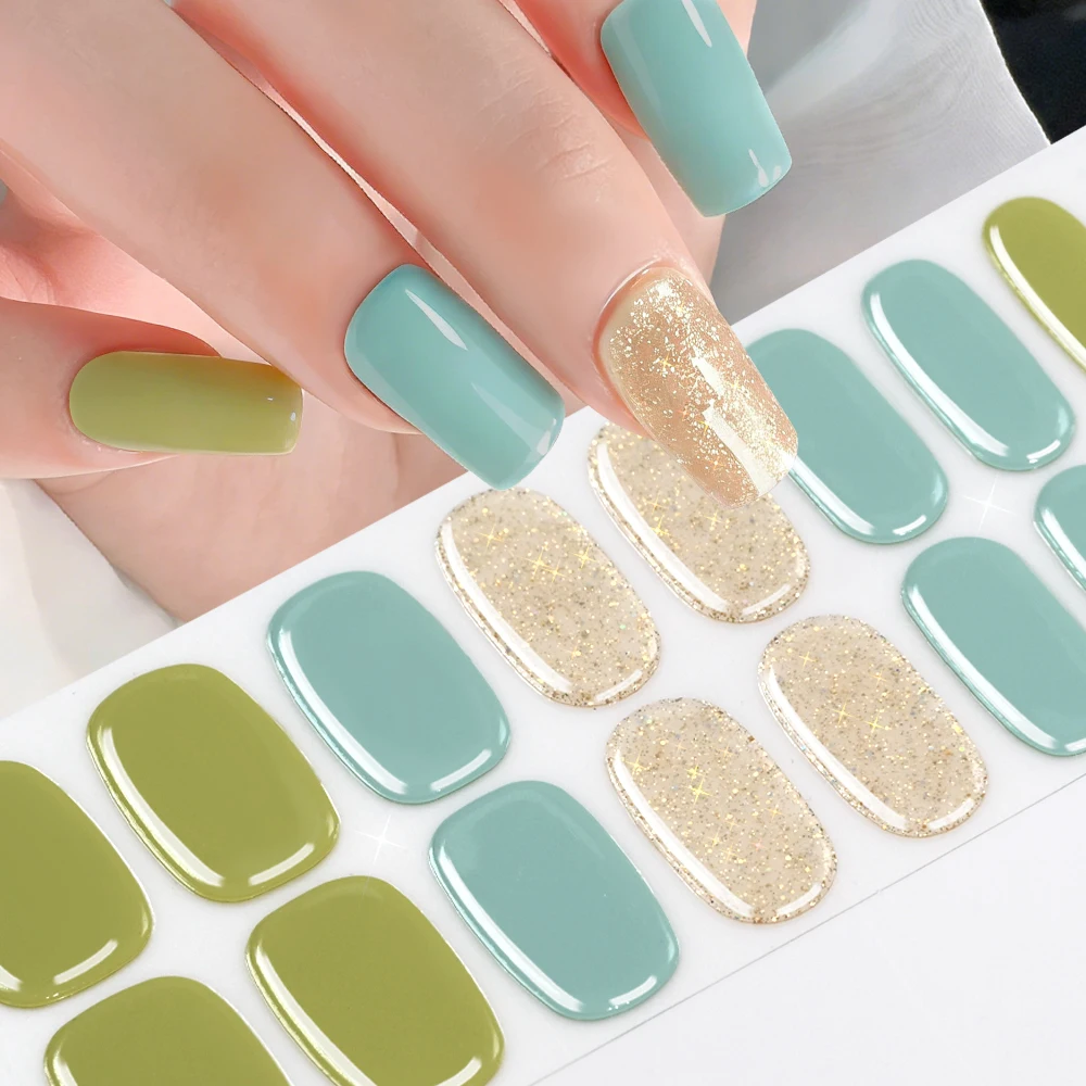16Tips Solid Color & Glitter Semi Cured Gel Nail Strips Self-Adhesive Baking Free Elegant Gel Nail Sticker Full Coverage Decals