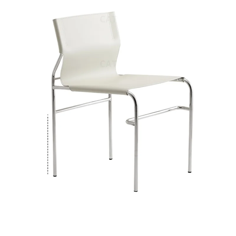 Minimalist Saddle Leather Dining Chair Mid-Century Modern Kitchen Furniture Stainless Steel Backrest Chair Home Living Room Seat view 6