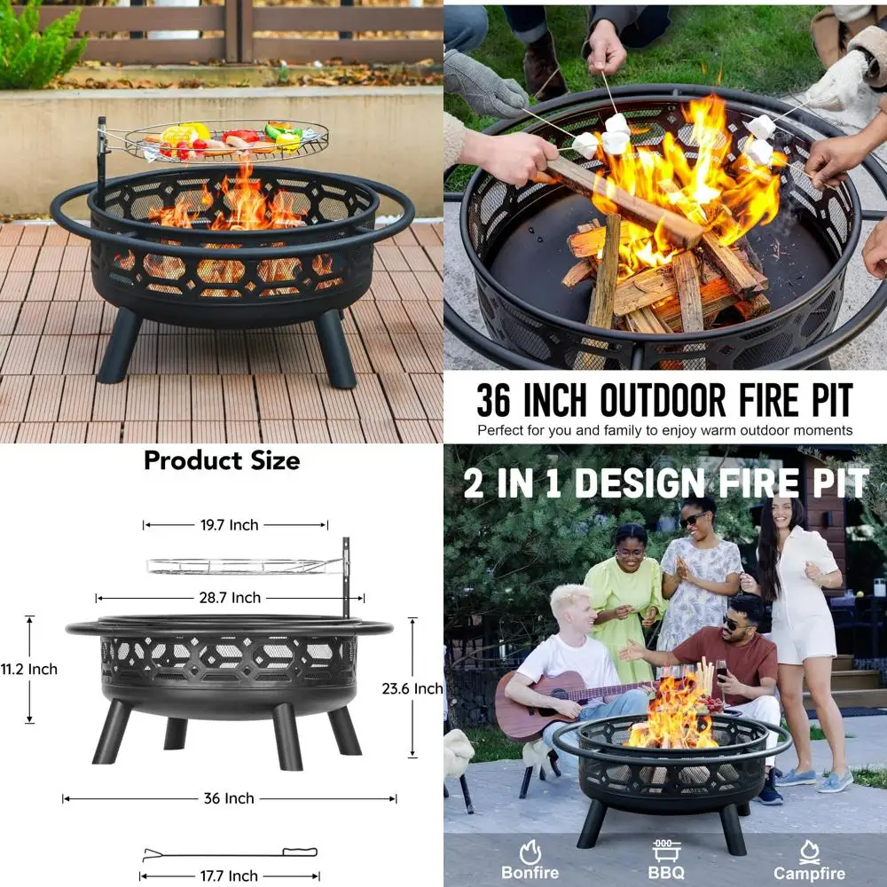 

Heavy-Duty Outdoor Wood-Burning Fire Pit with Removable Grill and Poker, 36 Inch Round Metal Fireplace, 2-in-1 Large Bonfire Opt