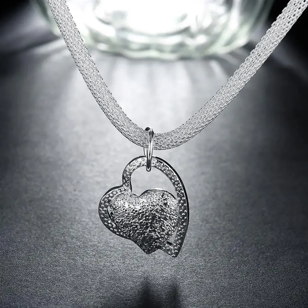 925 sterling Silver Net Chain Frosted Double Heart Pendant Necklace For Women fashion party wedding accessories Jewelry gifts