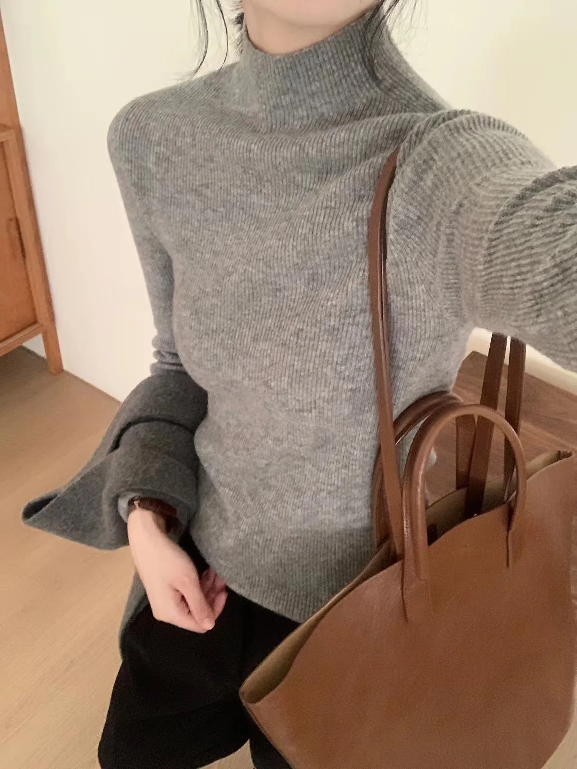 

Slim Fit Women's Knitted Sweater f High Collar Long Sve Outerwear Autumn Dongdaemun Multi-color Faionable Innerwear