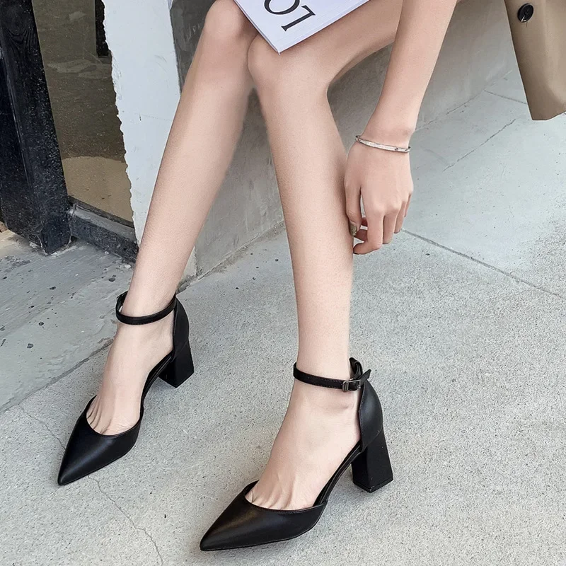 2024 Summer New Size 33-41 Women Shoes Block Heel Point 7cm High Heel Shoes Black Heels