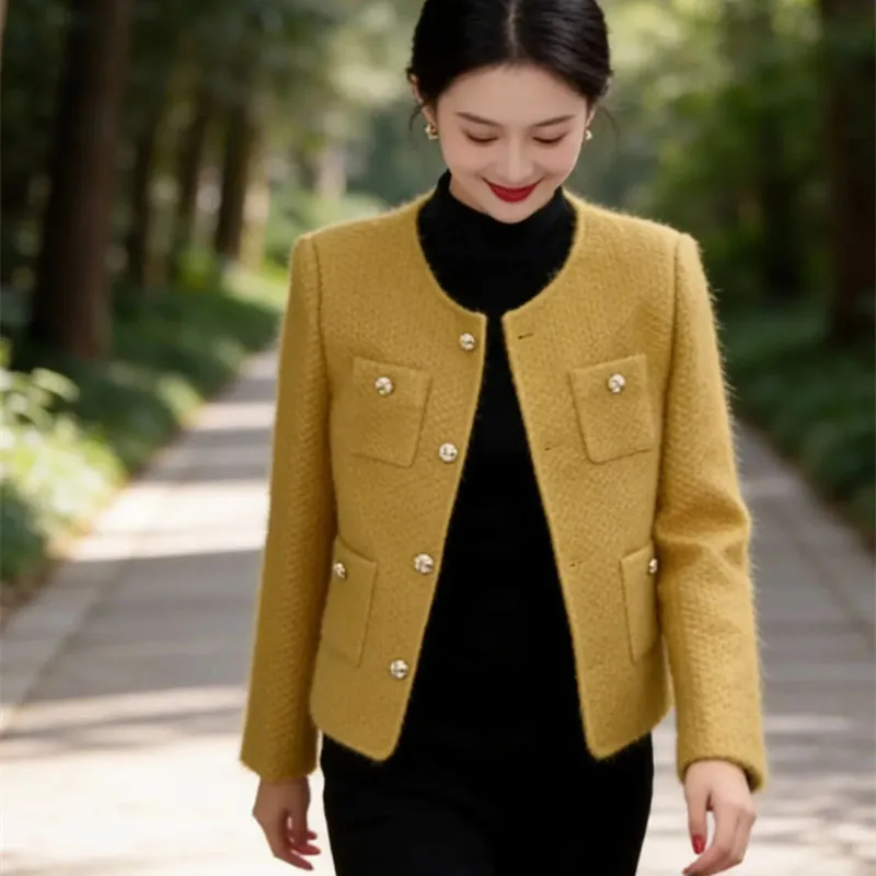

Women Small Fragrant Style Yellow Coat 2026 New Spring Autumn Jacket Round Neck Casual Temperament Top Outerwear Versatile