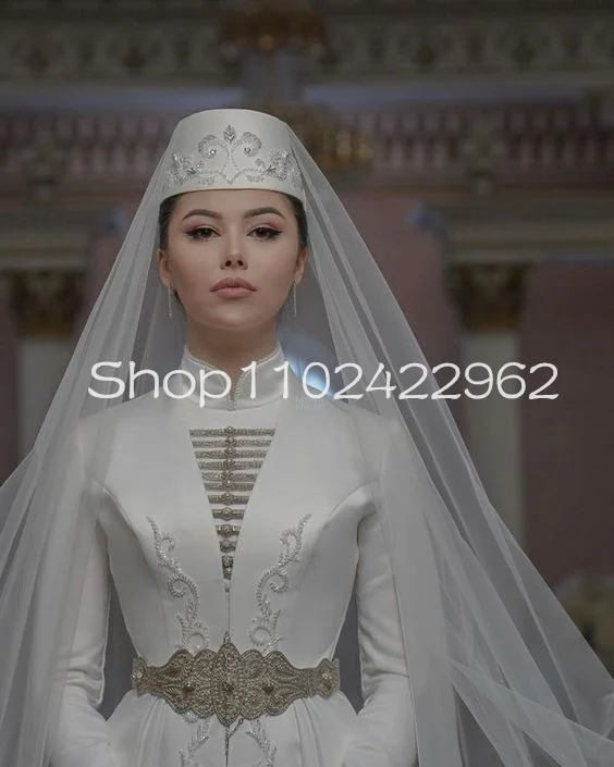 Customized Ingush national Wedding Dresses High Neck Long Sleeve Embroidery Beaded Stain Caucasus Ingushetia Muslim Bridal Gowns