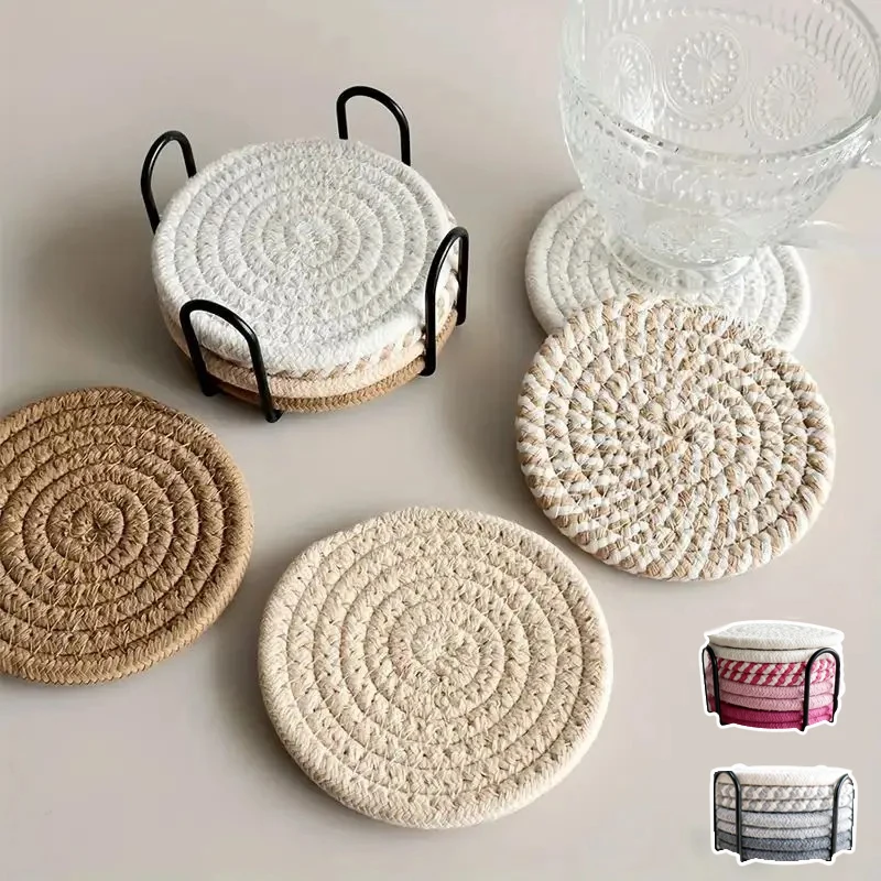

Bohemian Polyester Cotton Woven Insulation Pad Anti Slip and Absorbent Washable Table Mat with Bracket Home Decoration 4/8pcs