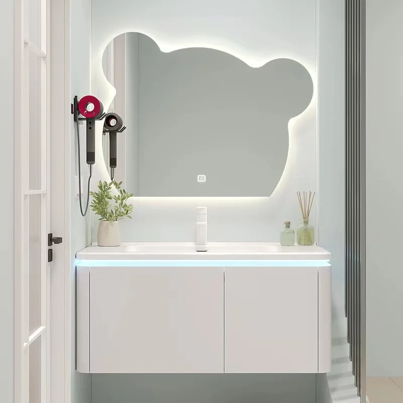 Picture 3: Modern cream style round wall-mounted bathroom cabinet ceramic integrated basin white plywood can be customized size