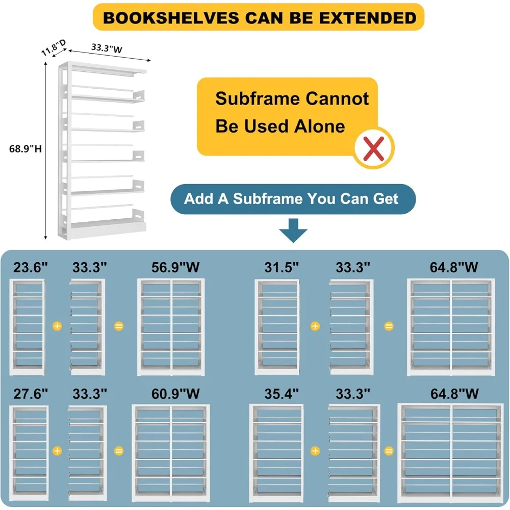 رف كتب طويل من المعدن الأبيض مكون من 5 طبقات لتخزين المكاتب - منظم قائم بذاته مع مساحة واسعة للرفوف