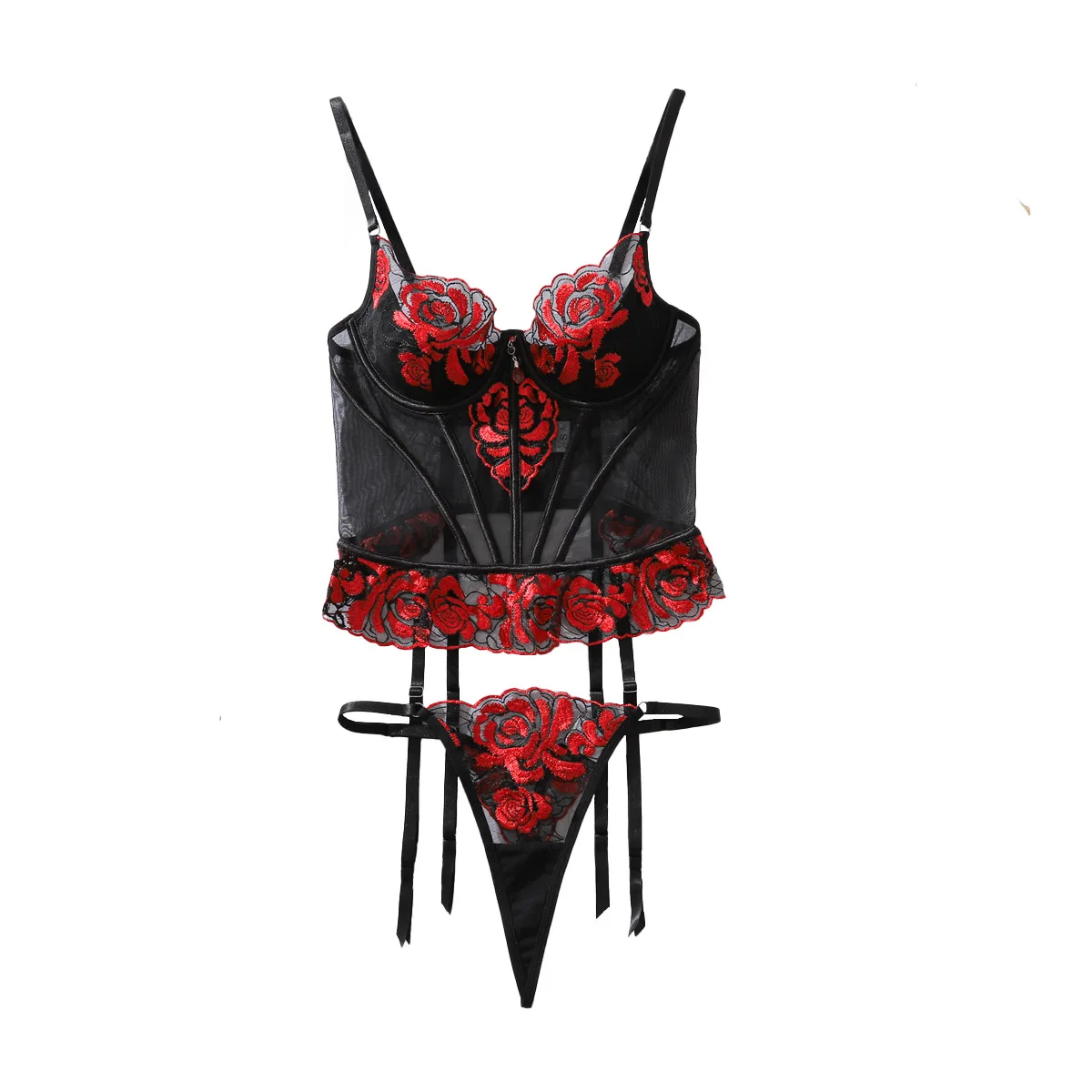 

Элитный комплект женского эротического белья: красное контрастное кружево с вышивкой, облегающий, прозрачный и сексуальный комплект белья