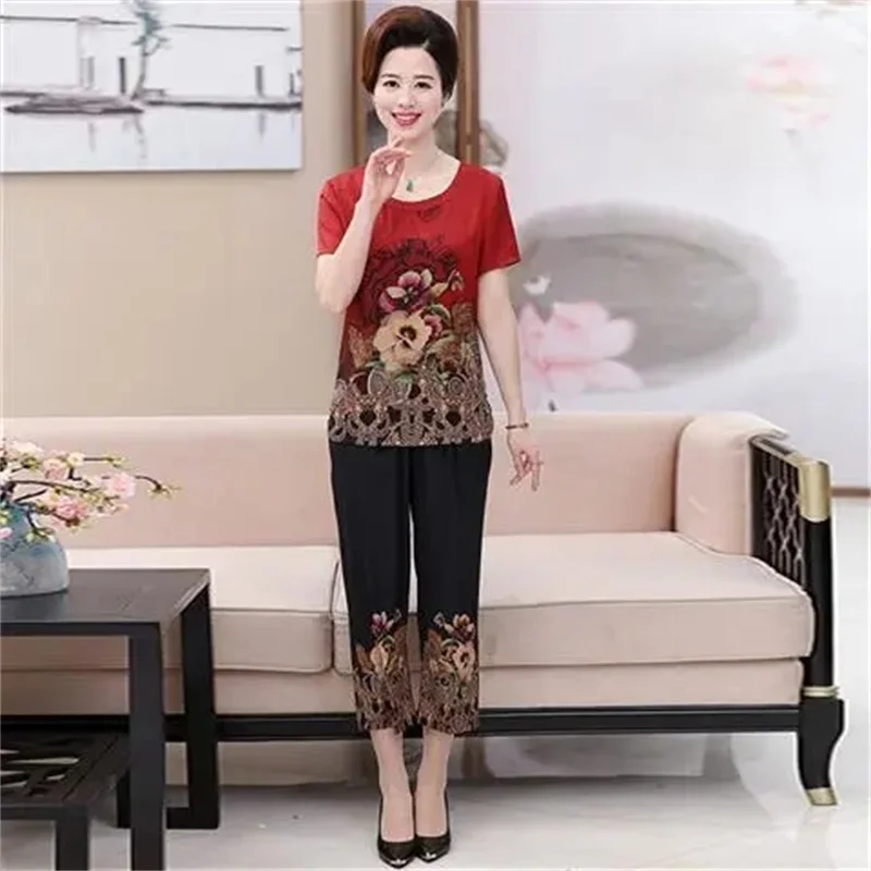 

Mother's Clothes Middle-Aged Elderly 2023 Women Summer Suits Short-Sleeved Tops Summer Middle-Aged Grandma Slim Two-Piece Suit Q