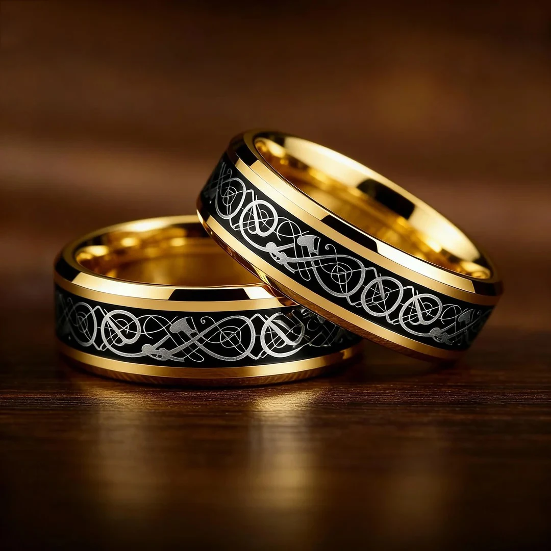 Wholesale Celtic Black Carbon Fiber Rings, Fashion Gold Color Men Stainless Steel Dragon Rings, Men Wedding Band Jewelry view 2
