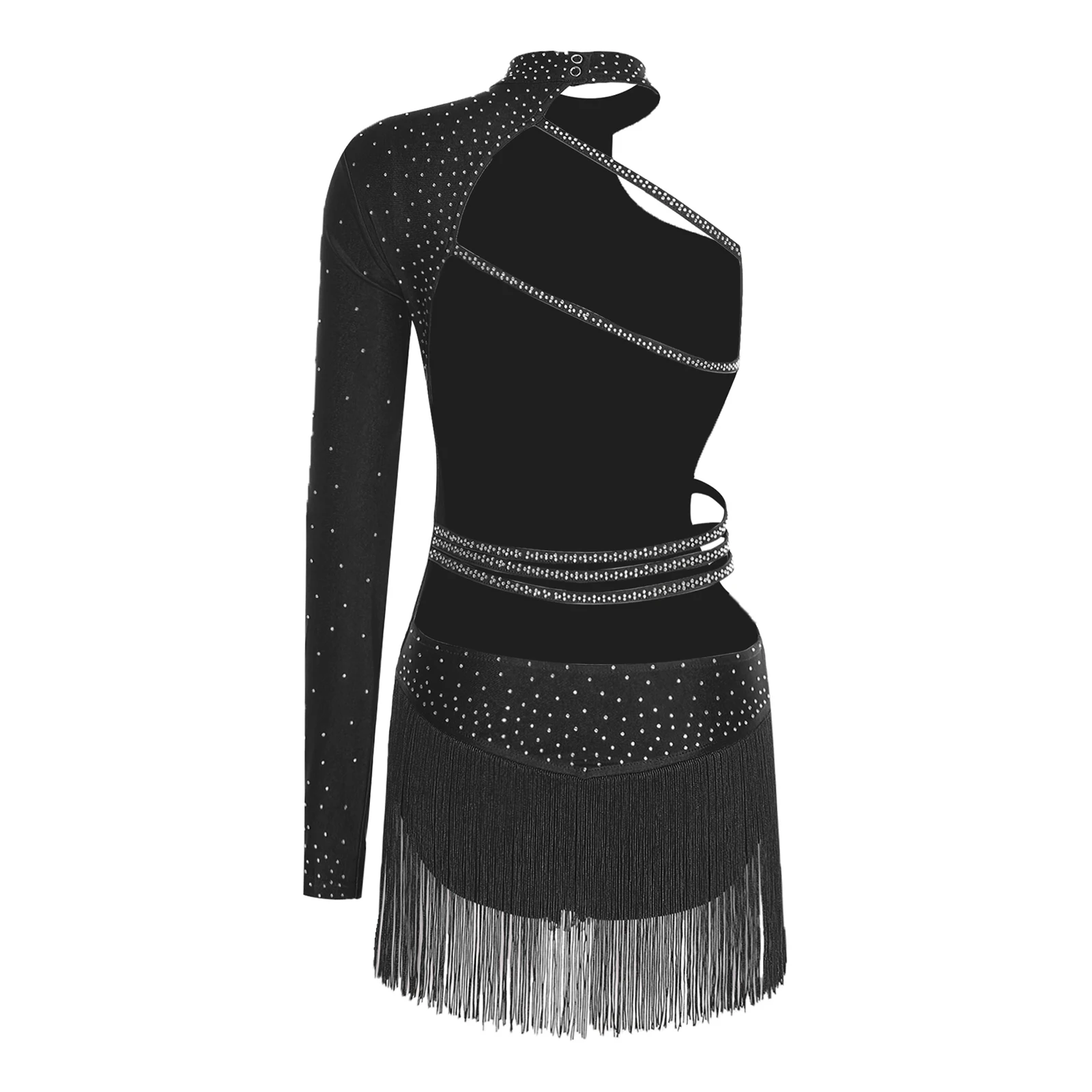 Womens Latin Jazz Dance Leotard Dress Single Long Sleeve Ballerina Costume including Backless Design Tassel Skirted Bodysuit