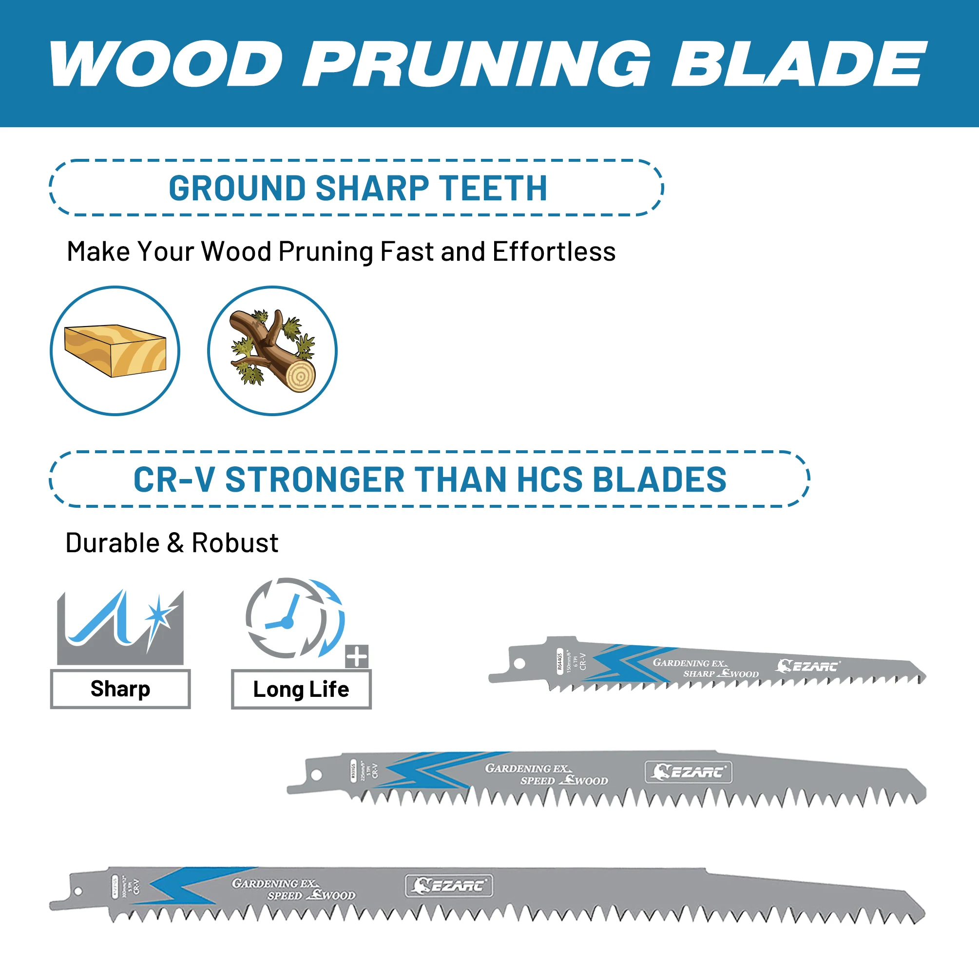EZARC 6‘’/9‘’/12‘’ Wood Pruning Reciprocating Saw Blades CRV Sharp Ground Teeth 5TP/6TPI for Cutting Wood, Tree, Plastic