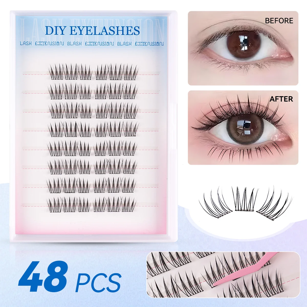 8 Reihen Selbstklebende Wimpernbüschel 48 Stück, Vorgeklebte Press-On Wimpern, Kein Kleberentferner Nötig, Wiederverwendbare Puppenaugen-Wimpern