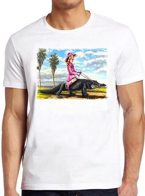 Cow Girl Riding Alligator Weird Meme Funny Unusual Oddities Style Cult Movie Music T Shirt 857