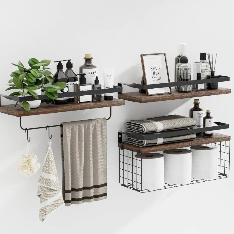 

Wall-Mounted Floating Shelf Multi-Tier Bathroom Organizer with Toilet Paper Holder Wooden Storage Basket Space Saving Shelves