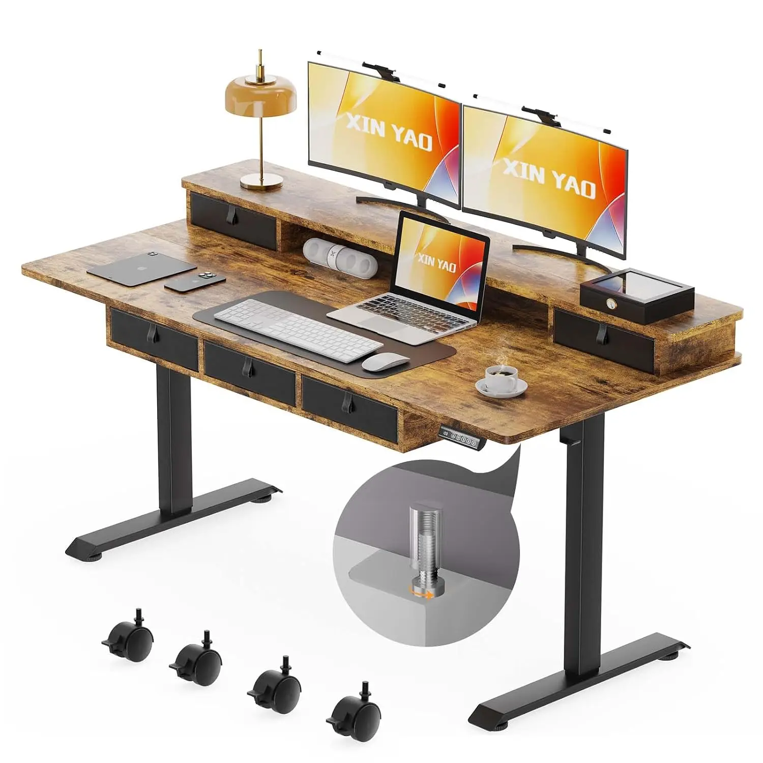 Electric Standing Desk 5 Drawers 63x30 Inch Height Adjustable Storage 290lbs Ergonomic Table Wheels Home Office, Customized