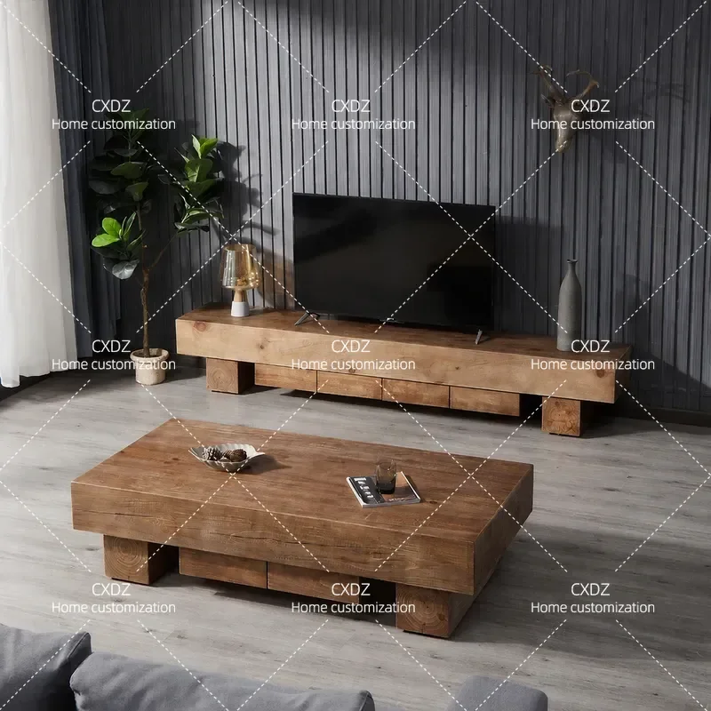 Nordic Style Log Coffee Table and TV Cabinet Combination Small Apartment Tatami Tea Table Foyer Audio Visual Low Cabinet