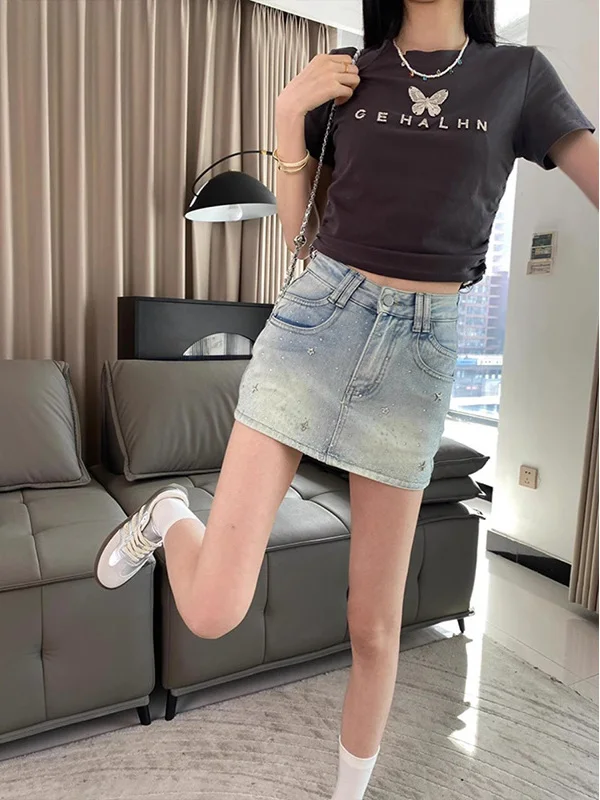 

Синяя джинсовая юбка трапециевидной формы с высокой талией, женская летняя юбка 2023, утягивающая юбка со стразами или облегающая длина f для поездок на работу