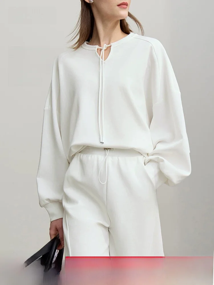 

Casual Cotton Feel Air Layer Splicing Belted Sweatshirt Women Loose Shoulder Drop Sleeve Top Spring New Style Brand