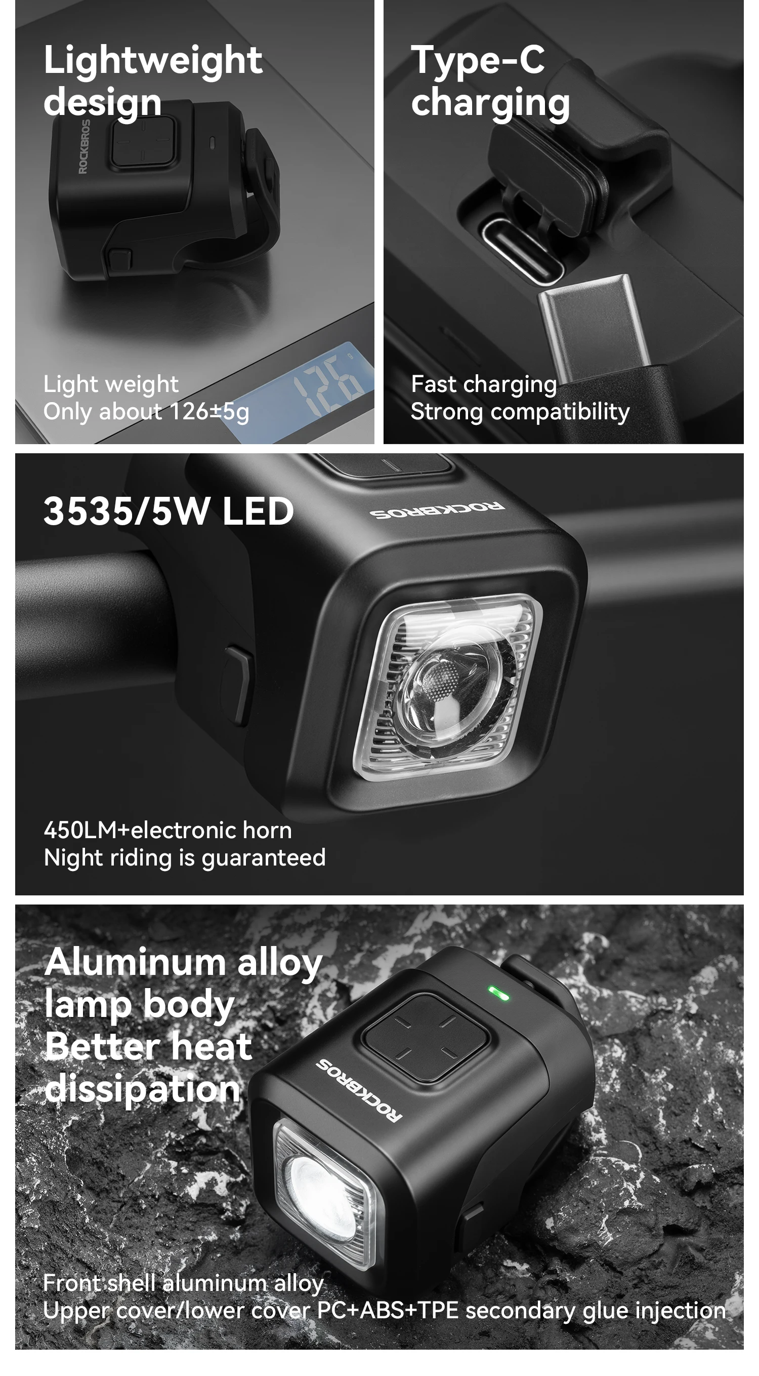 ROCKBROS Bike Horn Light IPX6 Rainproof Type-C Charging 2300mAh Headlight Illuminate Warn Two-in-One Electronic Horn Front Light
