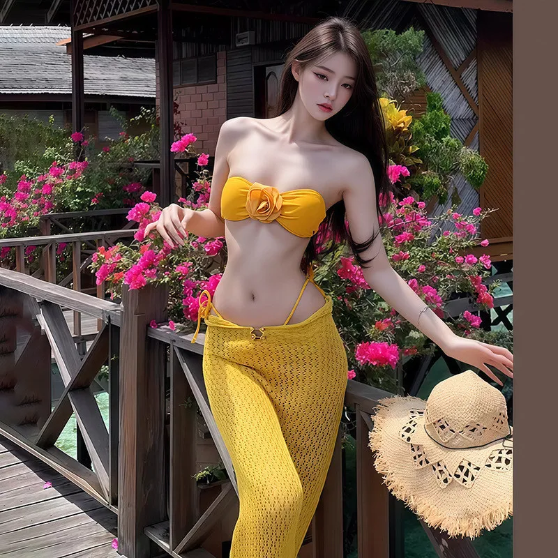 Damski strój kąpielowy tankini na lato 2025, słodki kostium kąpielowy 3-częściowy/zestaw, ochrona przed słońcem, seksowna długa sukienka, odzież plażowa na wakacje, cienki strój kąpielowy.