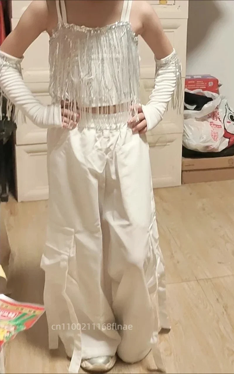 

Костюм для джазового танца для девочек с комплектом белых кисточек с открытым пупком, модный танцевальный костюм для подиума, женский костюм для выступлений