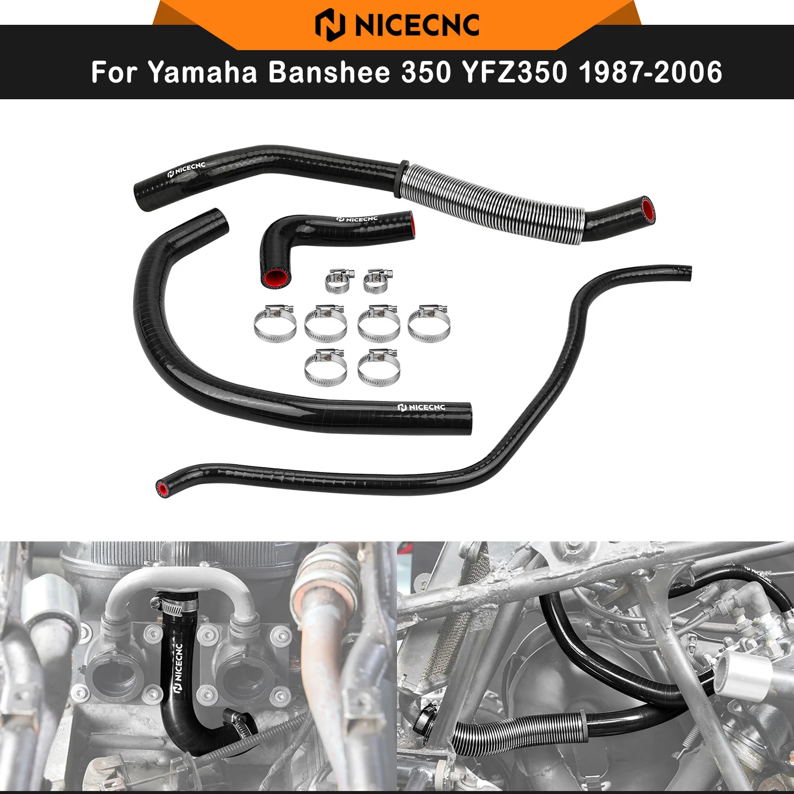 NICECNC For Yamaha Banshee 350 YFZ350 1987-2006 ATV Radiator Hose 2GU-12482-00-00 3-Layer Heat Included Heat Shield Adapters