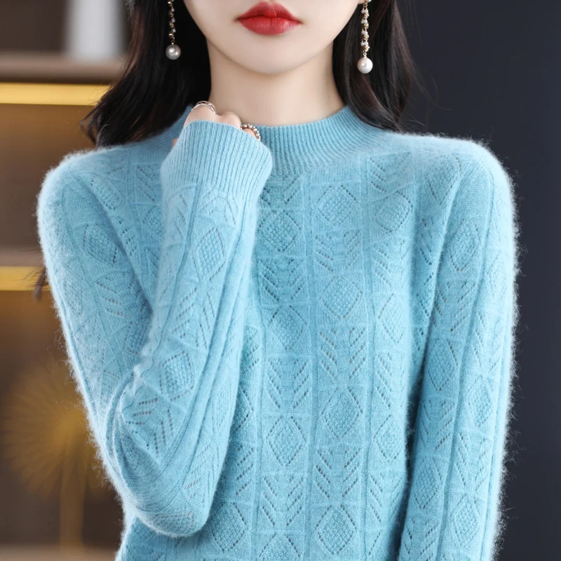 

Spring and autumn new women's sweater 100% wool O-neck knitted pullover Korean hollow fashion soft women's coat