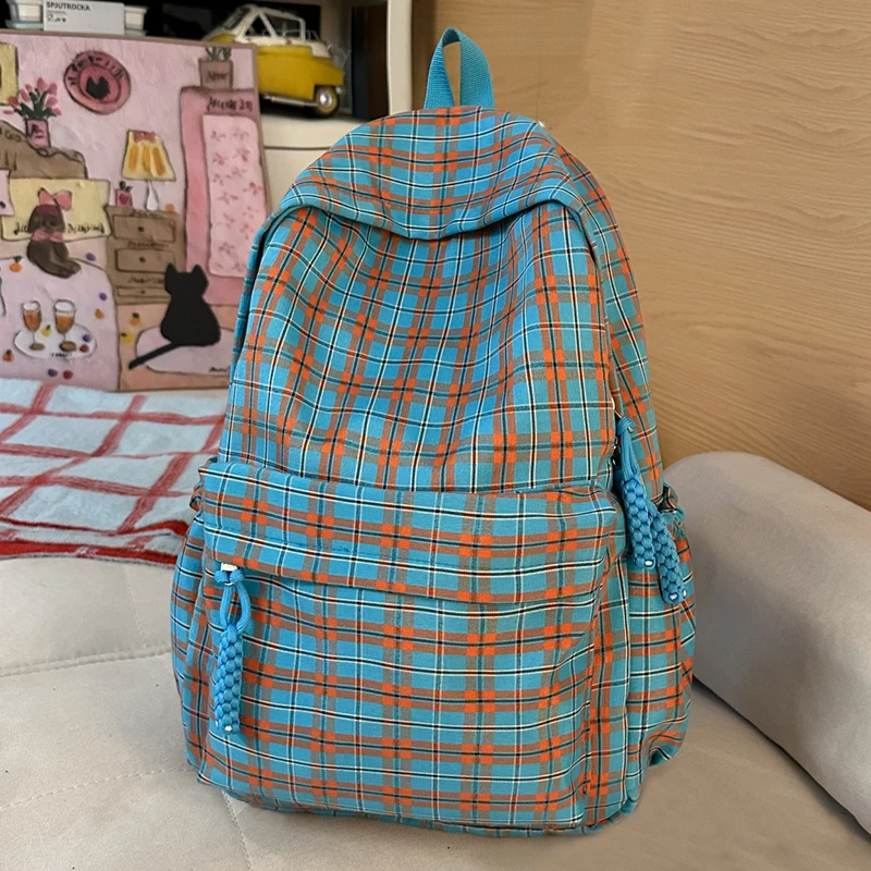 

Простой клетчатый нейлоновый рюкзак Ретро повседневный рюкзак большой вместимости с несколькими карманами подходит для повседневного использования и студенческого использования