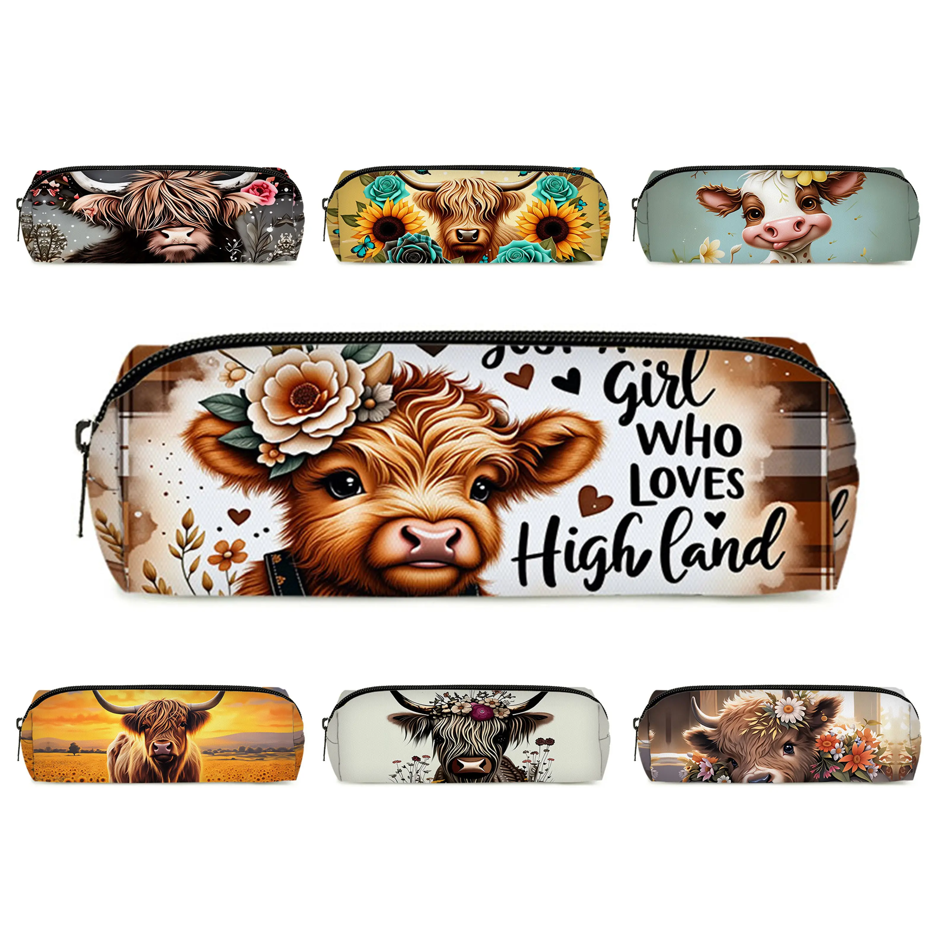 Rose Cow Single Layer Printed Pencil Case for Boy/Girls Best Gifts 2D Flat Cartoon School Supplies Pen Bag for Children