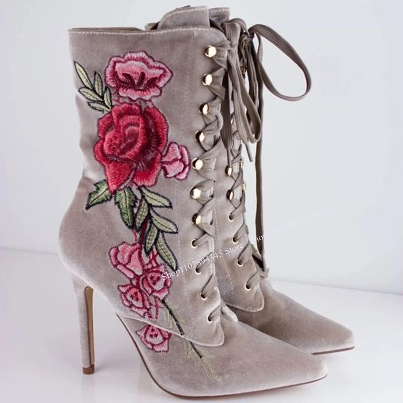 

Solid Embroider Lace Up Mid Calf Boots Pointed Toe Thin High Heel Fashion Cool Sexy Western Winter Woman Shoes Zapatillas Mujer