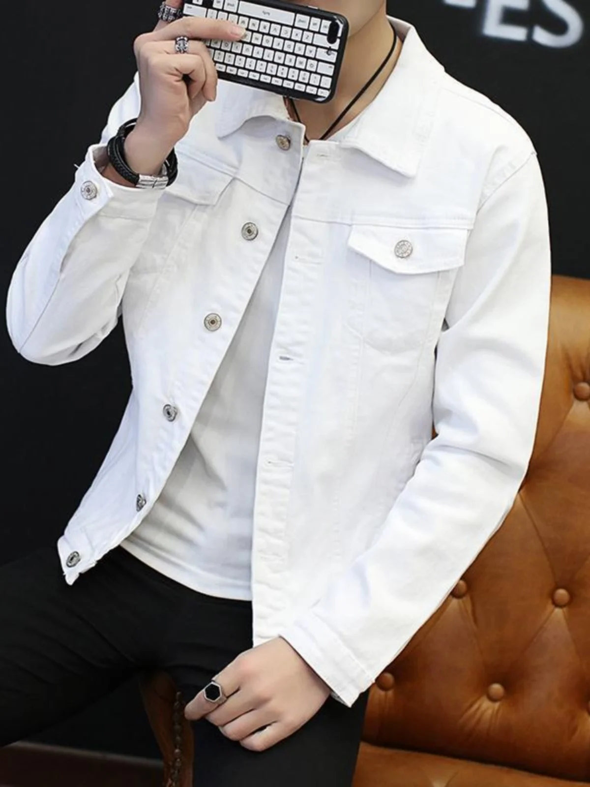 

New Pure White Slim Fit Men's Jaet Spring Autumn Faionable Versatile Outerwear Breathable Stand Fit Casual Coat