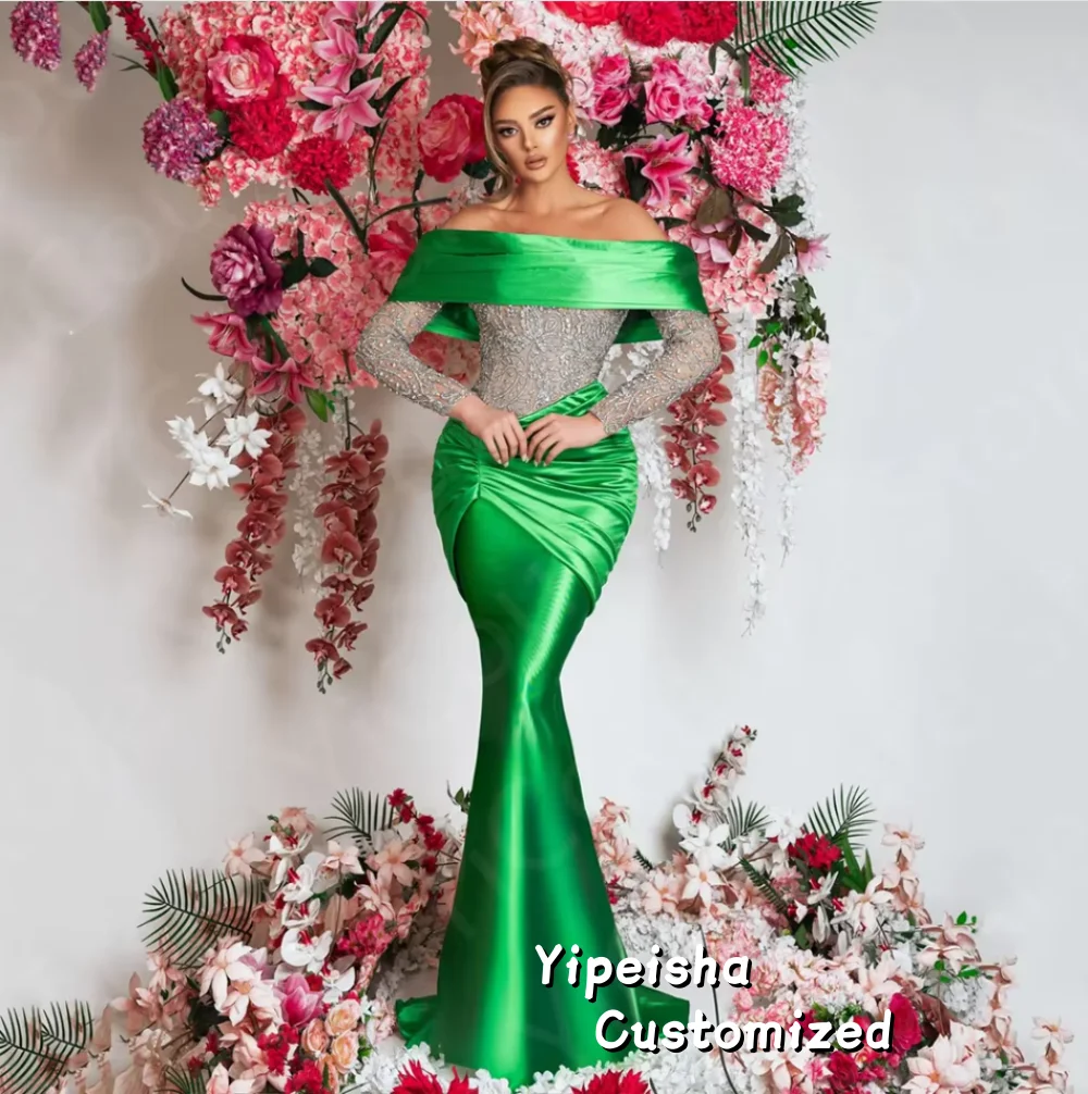 

Классические вечерние платья по индивидуальному заказу, платья для выпускного вечера с русалкой, вечерние платья с открытыми плечами и бисером, роскошные скользящие шлейфы