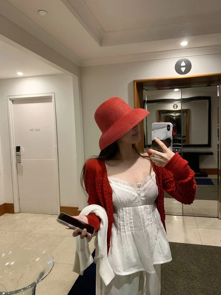 

Красный вязаный кардиган Wuuus с V-образным вырезом для женщин, легкий, с длинными рукавами, из смесового полиэстера, короткое пальто для весны