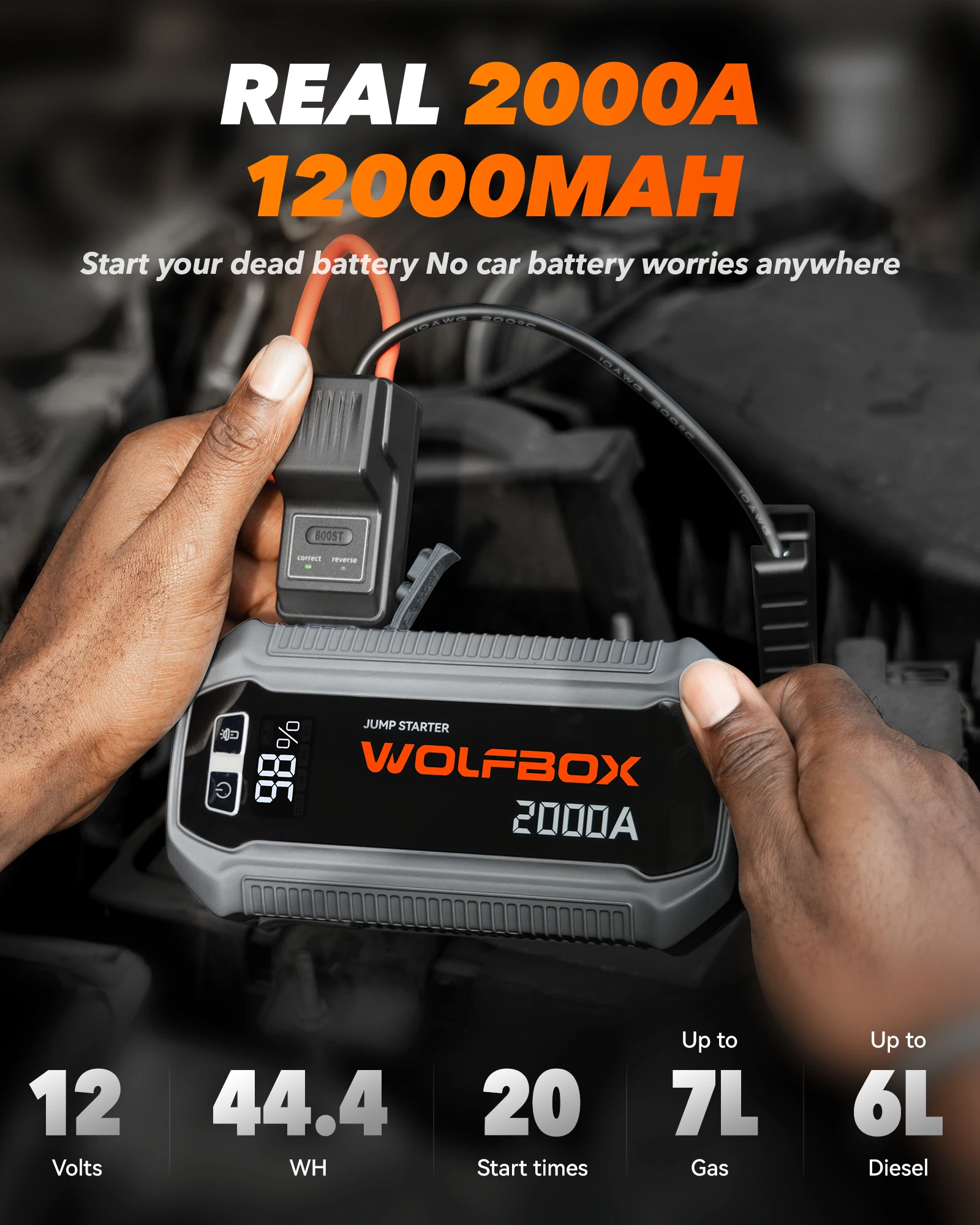 WOLFBOX 2000A Jump Starter,12000mAh Battery Jumper Starter Portable with 30W Quick Charge,LED Display,12V Car Battery Jump Start