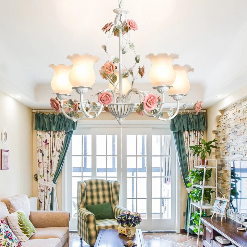 French Countryside Led Pendant Light Home Decoration Living Room Bedroom Kitchen Garden Rose Flower Grass Lighting Fixtures