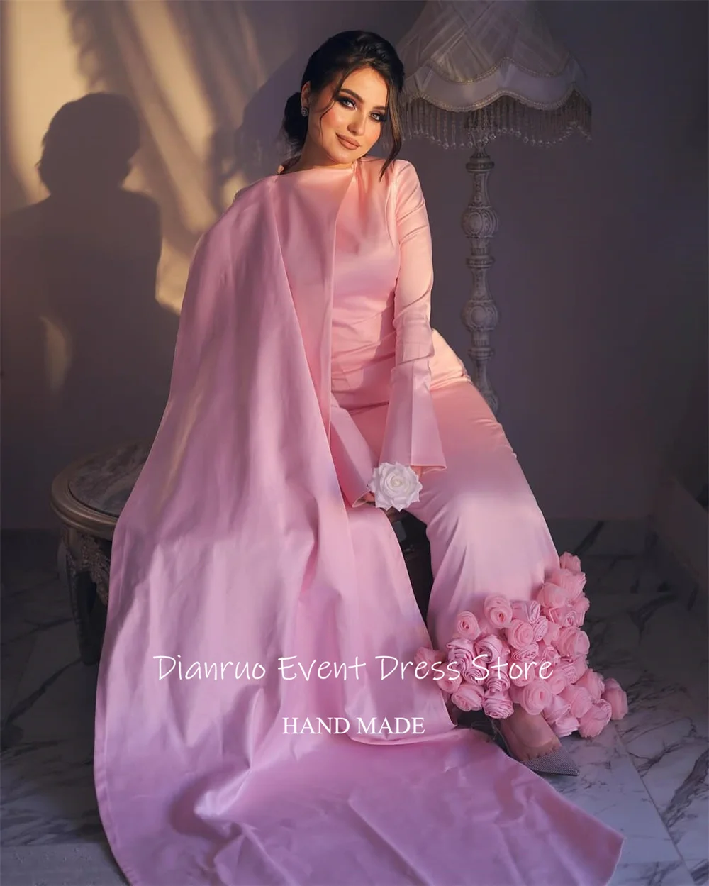 Dianruo Gaun Malam Putri Duyung Satin Merah Muda Terbungkus Bunga 3D Jubah De Soirée Asimetris Indah Vestido De Fiesta Disesuaikan