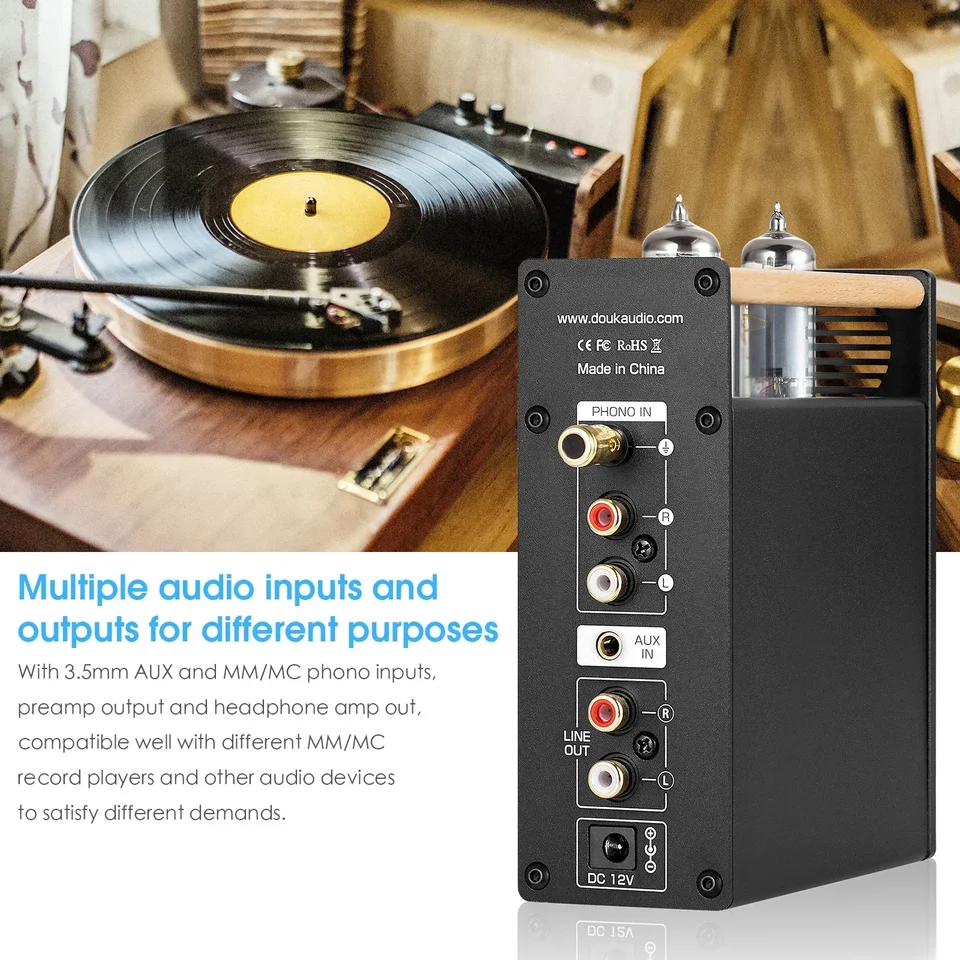 Nobsound T3 Plus Preamplificatore Phono MM/MC Con Tubo 6A2 – Amplificatore Cuffie 32-300 Ohm, Ingresso AUX E RCA