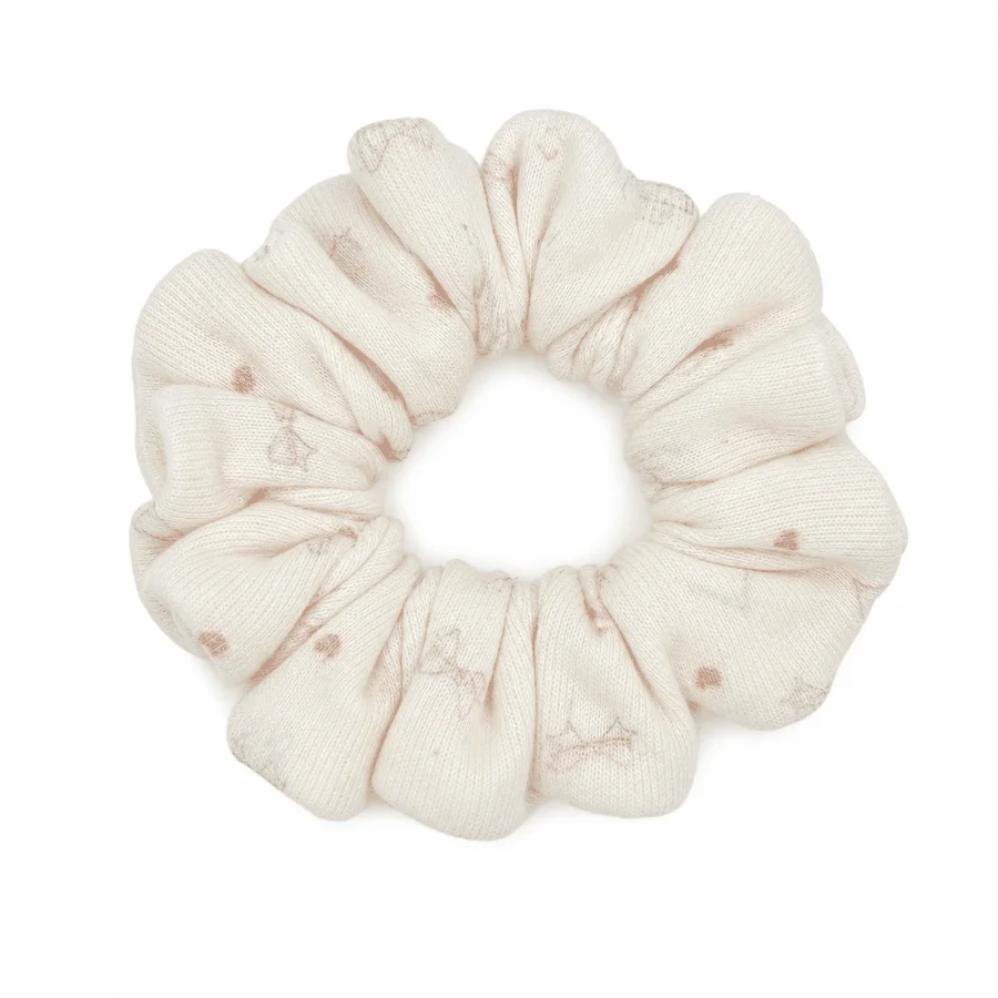 handmade-cream-pink-petite-motif-single-layer-scrunchie-soft-knit-like-hair-tie-for-women-ponytail-bun-everyday-hair