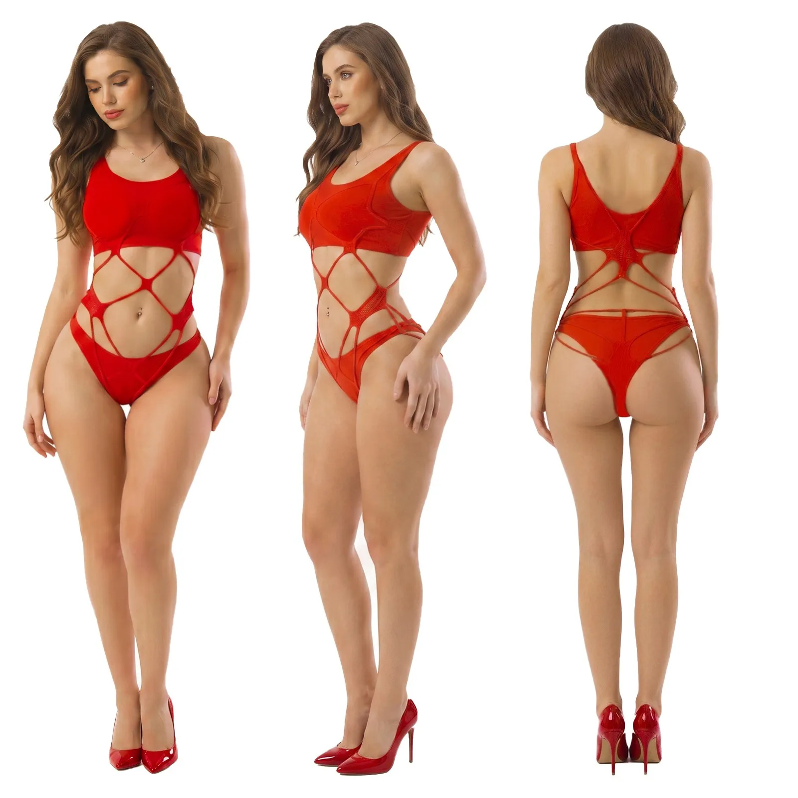 Sexy Lingerie One-Piece Mesh Bodysuit Women Open Crotch Hollow Out Lace Up Teddy Transparent Erotic Nightwear Intimates Underwea