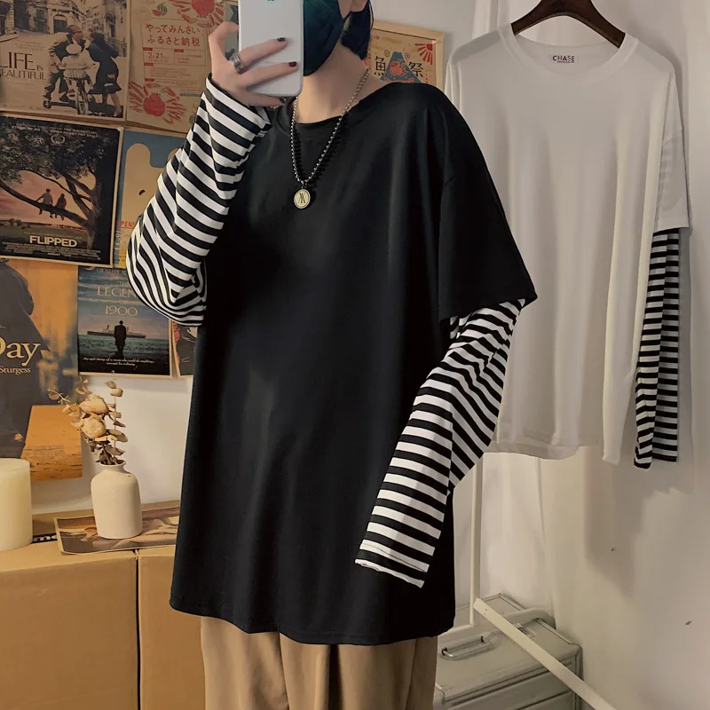 Korean Harajuku Black White Striped Hip Hop T-shirts Men Women Autumn Long Sleeve Fake Two-piece T Shirt Y2k Solid Streetwear