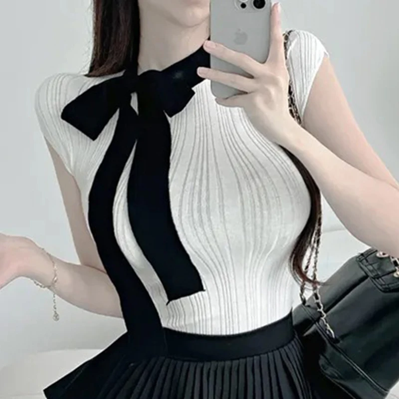 Korean Dongdaemun Slim Fit Sexy Knitted T-shirt Women's Tie-Band Elegant Tee Fashion Versatile Color Blocking Tops Y2k Clothes