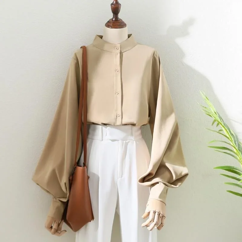 Woman Spring Autumn Style Blouses Shirt Lady Long Lantern Sleeve Stand Collar Loose Blusas Tops DF4847