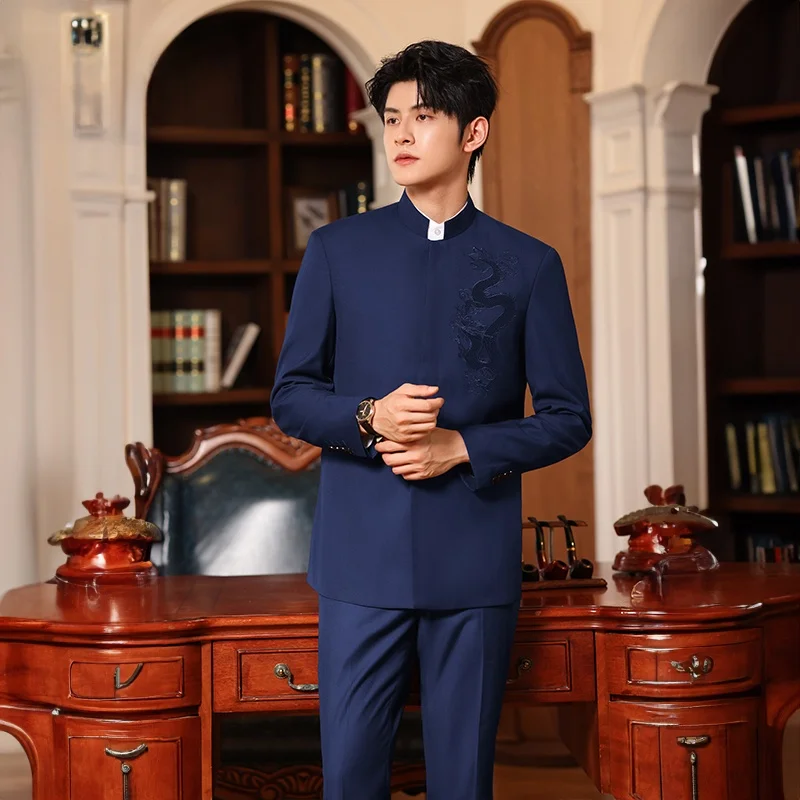 Terno Slim Fit Zhongshan para Jovens TUCANO com Padrão de Dragão para Casamentos e Cerimônias Tradicionais Chinesas