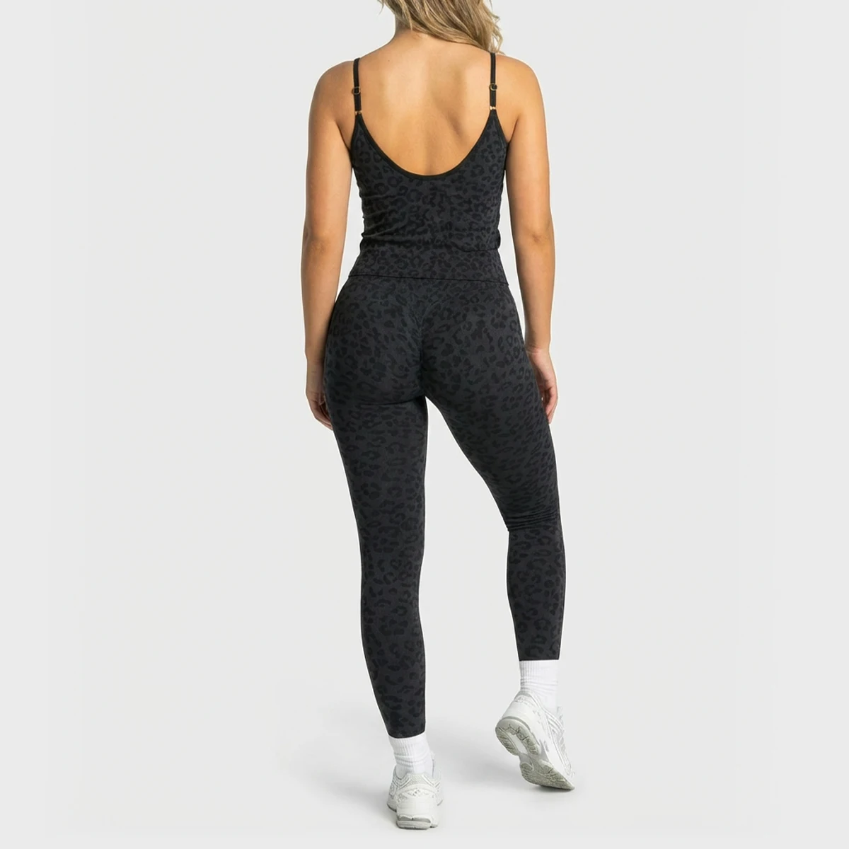 Women's Black Leopard Print 2PCS Yoga Set Adjustable Strap Tank Top High Waist Butt Lift Leggings Gym Workout Activewear Outfits