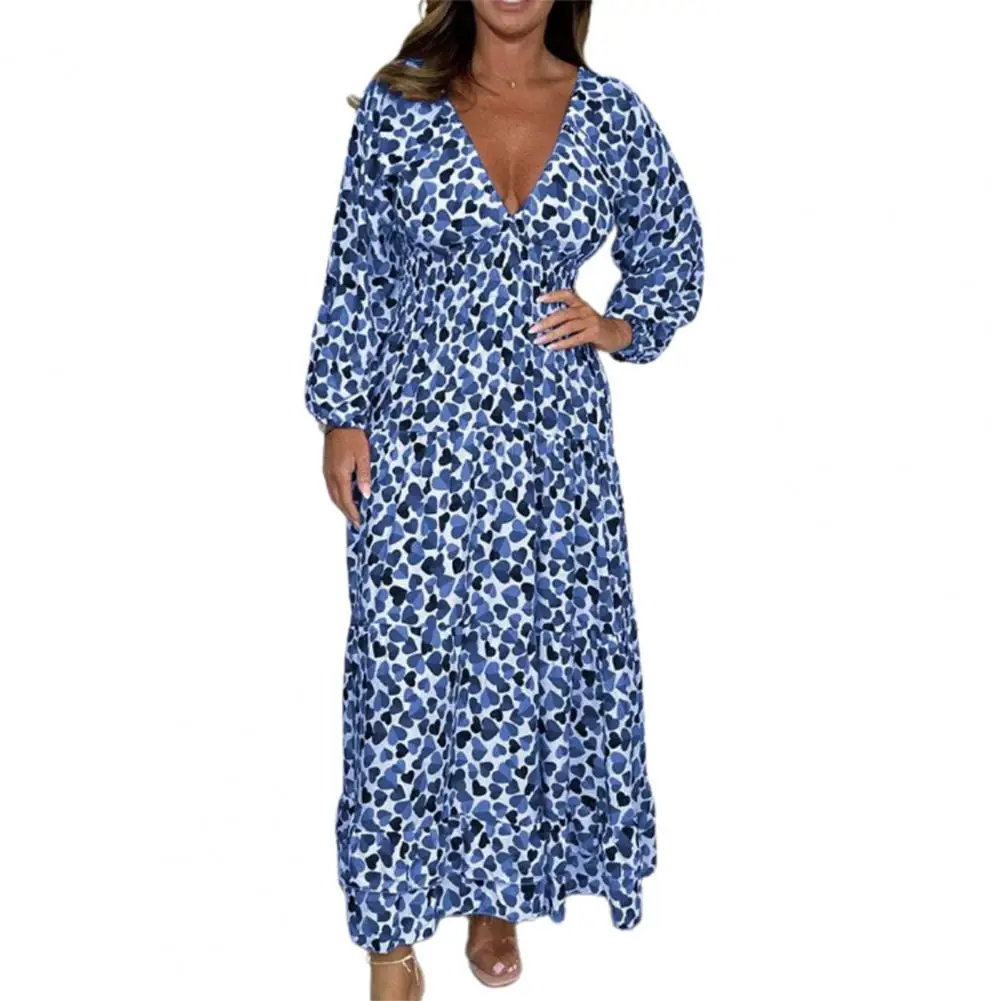 

Elegant Summer Women Dress Deep V Neck High Waist Long Sleeves Elastic Cuff Printed A-line Big Swing Maxi Dress