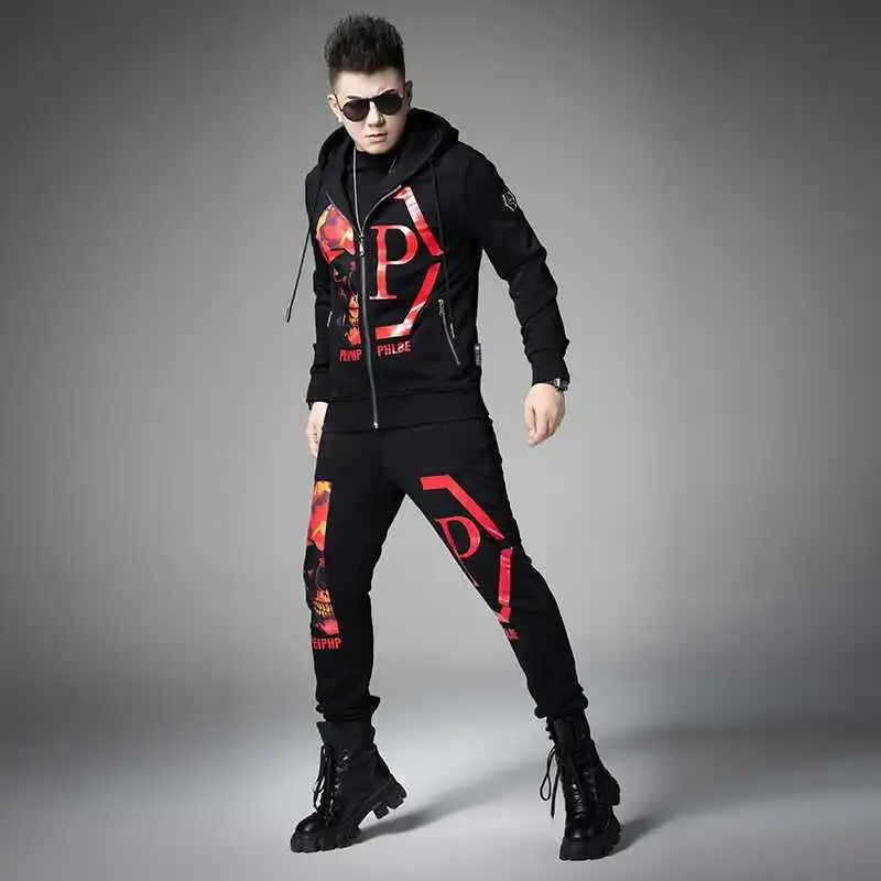 2024 Mens Two Piece Sets Fashion Streetwear Casual Winter Suits Skull Pattern Hooded Black Tracksuit Men Clothes Ropa De Hombre